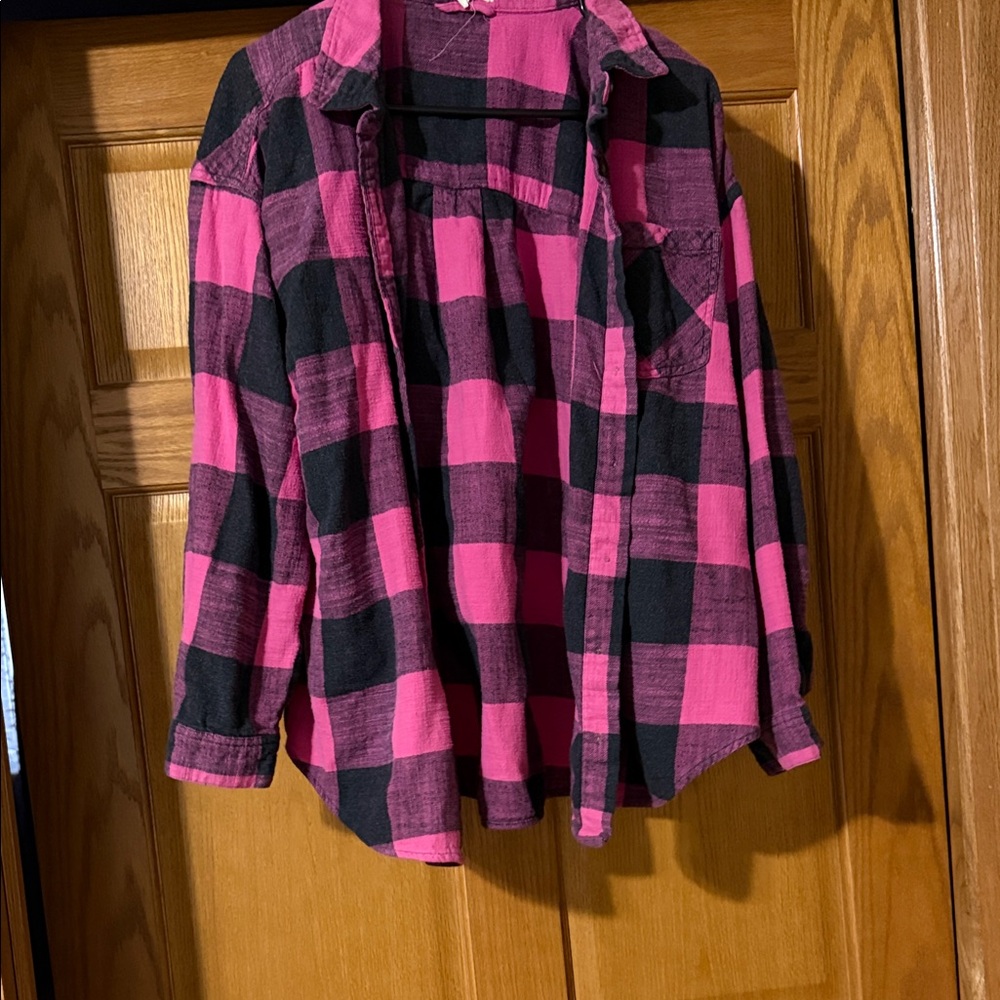 Maurices Bold Pink and Black Checkered Button Down Shirt